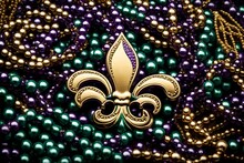 "A Captivating Composition Featuring Green, Gold, And Purple Mardi Gras Beads Arranged Against A Backdrop Adorned With The Iconic Fleur De Lis Symbol. 