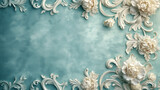 Fototapeta  - Background, texture, blue paper decorated with white flowers in baroque stucco style