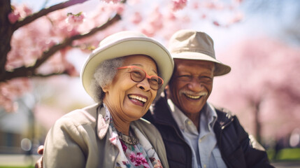 Wall Mural - Joyful mature couple surrounded by pink spring blossoms sharing a moment