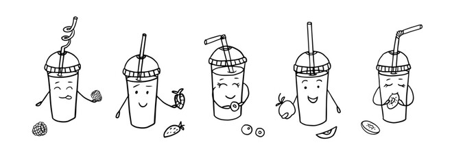 Wall Mural - Cute set of summer drinks with happy faces in doodle style. Collection of cocktails, smoothies, non-alcoholic drinks with fruits. Great for menu design, packaging or advertising. Hand drawn