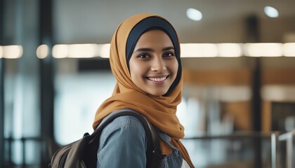 Smiling cute pretty muslim girl, positive female teenage high school student holding backpack looking