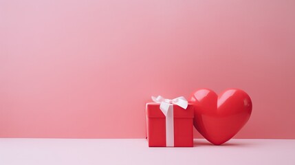 A red gift box with a white ribbon, accompanied by a glossy red heart, set against a soft pink background, symbolizing love, affection, and the joy of giving.