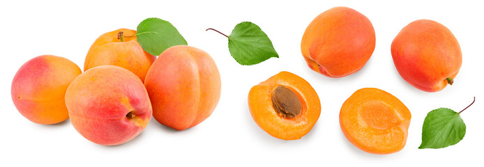 Wall Mural - apricot fruits with green leaf isolated on white background. clipping path