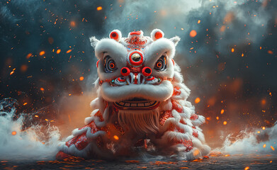 Wall Mural - Chinese lion dancing character Generative Ai