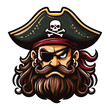 © lartestudio - Angry pirate head face with hat and eye patch mascot design vector illustration, logo template isolated on white background
