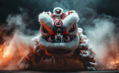 Wall Mural - Chinese lion dancing character Generative Ai
