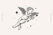 Cute Cupid with love arrow and stars. Beautiful Amur in engraving style. God of love and romance. Mythological antique character on a light background.