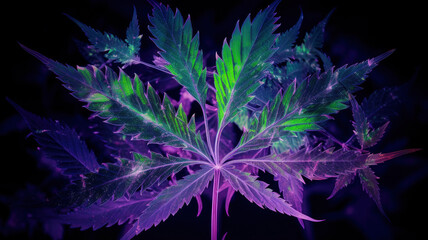 Wall Mural - Colored neon large marijuana leaves and hemp buds leaves of flowering cannabis bushes against a bright hallucinogenic psychedelic background