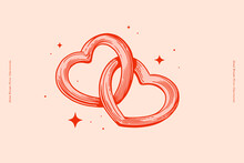 Heart Shaped Rings. Two Intertwined Red Hearts Sparkle. Romantic Symbol Of Strong Love. Valentine's Day. Vector Isolated Illustration On A Light Background.