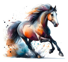 Horse. Watercolor. A Strong Stallion Is Trotting. The Mane And Tail Develop Beautifully. Banner. Close-up. Generative AI