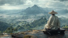 An Old Chinese Man Wearing An Ancient Straw Hat, Wearing A White Taoist Robe And Holds A Goose Feather Fan While Sitting On Top Of A Mountain And Looks Into The Horizon. Heavy Raining, Landscape Shot