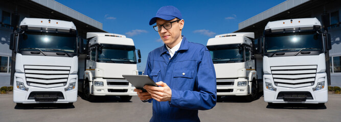 Poster - Manager with a digital tablet next to trucks. Fleet management