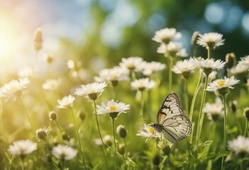 Beautiful gentle spring summer natural background Butterflies are fluttering over meadow of wild flo