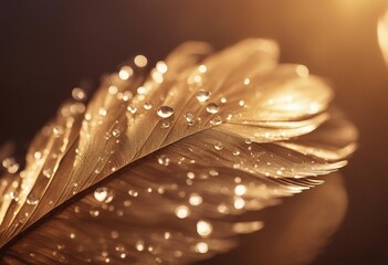 Drops of water dew on a fluffy feather in the light sun close-up macro on golden brown blurred backg