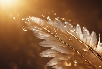 Drops of water dew on a fluffy feather in the light sun close-up macro on golden brown blurred backg