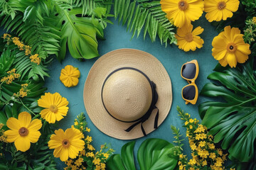 Summer flat lay with straw hat, sunglasses, yellow flowers and tropical leaves on green background.