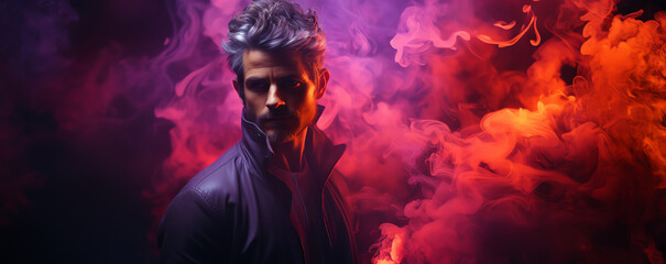 Wall Mural - Male model in a surround dissolve in neon swirling flowing smoke fog