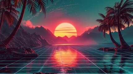 Canvas Print - Abstract retro sci-fi grid 80's, 90's neon colors night and sunset, vintage cyberpunk illustration, retro synthwave style neon landscape background.