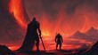 person at sunset  Knight with a sword facing the lava demon in hell, digital art style, illustration painting 