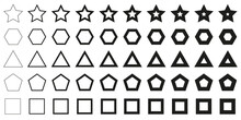 Forms Set From Thin To Thick Line, Set Of Geometric Shapes Form, Figure Elements, Frames And Borders, Star Triangle Square Pentagon Hexagon Icons Collection, Different Version - Vector