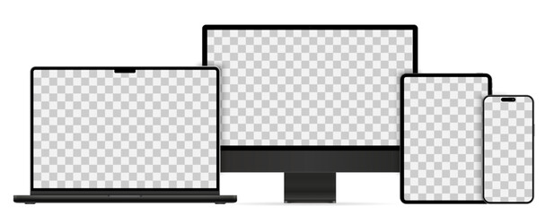 Mockups technology devices set of 2023-2024 years with transparent display in black color, device screen mockup, blank screen, phone tablet, computer monitor, laptop