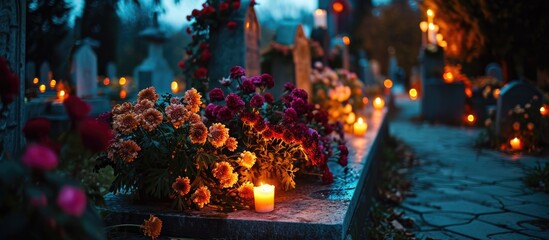 Wall Mural - All Saints Day in Slovakia, Europe, with flowers and candles adorning a tombstone in the churchyard.