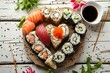 © Jim1786 - heart made from Japanese sushi Philadelphia, Valentine's Day sushi delight on a heart-shaped wooden board, inviting for romantic dining experiences, culinary blog, restaurants menu, and lifestyle.