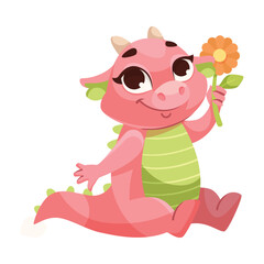 Sticker - Fairy Pink Baby Dragon as Horned Legendary Creature Sit with Flower Vector Illustration