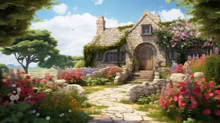 Wall Mural - natural stone home background illustration traditional vintage, country farmhouse, cottage exterior natural stone home background