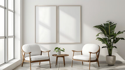 Two armchairs in room with white wall and big frame poster on it. Scandinavian style interior design of modern living room