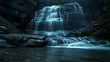 A long exposure shot of a waterfall at night, with the moonlight casting a mystical glow on the cascading water