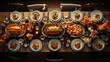 Dinner table with turkey and other traditional dishes. Top view