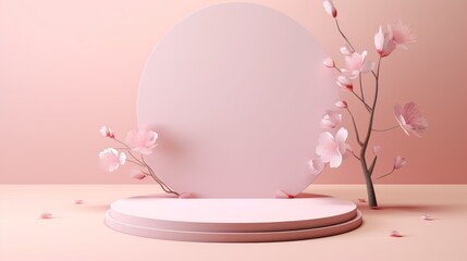 Wall Mural - 
cylindrical podium for the presentation of a cosmetic product on a pink background with fragments of sakura flowers