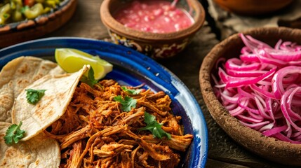 Wall Mural - Mexican cuisine flat lay composition with pork carnitas, cochinita pibil, onion and habanero chili traditional food in Mexico