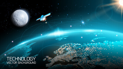 Wall Mural - vector. a space communications satellite flies on the surface of planet earth. moon and sun in the b