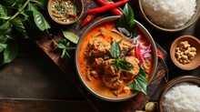 Panaeng Curry Featuring Sliced Chicken Breast In A Rich Red Curry Paste And Coconut Milk, Garnished With Coconut Cream And Shredded Kaffir Lime Leaves. A Classic Thai Dish
