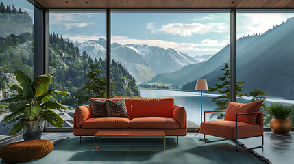 Wall Mural - Coral color sofa and armchair against window with river and mountain view. Scandinavian home interior design of modern living room in chalet