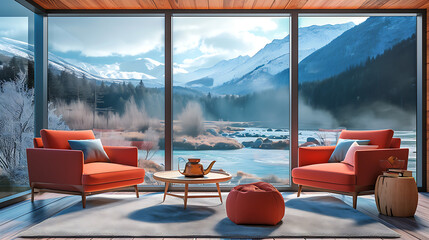 Wall Mural - Coral color sofa and armchair against window with river and mountain view. Scandinavian home interior design of modern living room in chalet