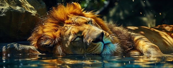 Poster - a lion sleeping in water