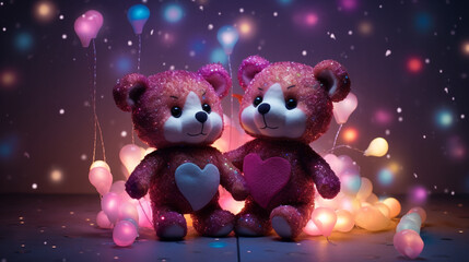 Hyper realistic two super cute teddy bears hugging, papercut hearts, confetti created with Generative Ai