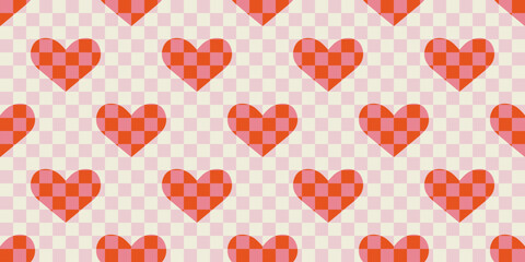 Red love heart seamless pattern illustration. Checkered romantic pink hearts background print. Valentine's day holiday backdrop texture, romantic wedding design.