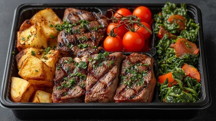 Wall Mural - Food in a black divided catering plastic box, black clean background, top view, steak and vegetables meal. food photography