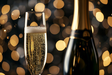 Wall Mural - Glass goblet with champagne placed near open bottle and cork on mirrored surface against bokeh background