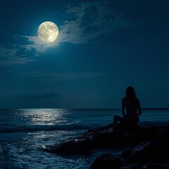 Sticker - a woman sitting on a rock in front of the moon