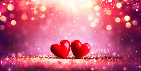 Wall Mural - valentine's day - red hearts on shiny glitter and abstract defocused lights