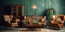 Vintage Furniture In Living Room Interior With An Old-fashioned Style.