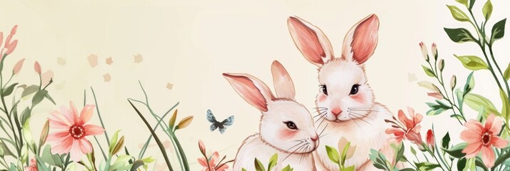 Wall Mural - Cartoon cute sweet bunnies and flowers