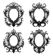 Wall Mural - Antique engraving frames. Ornate palace interior borders for chandelier mirror and portrait collection, vintage picture frame set black silhouettes on white