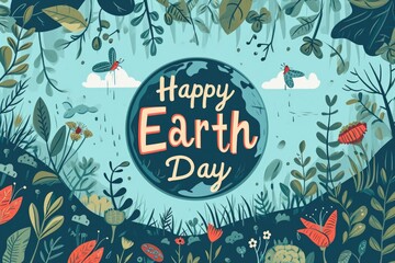 Wall Mural - Happy earth day background on green with leaves
