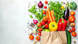 Delivery healthy food background. Healthy vegan vegetarian food in paper bag vegetables